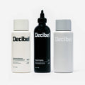 Decibel Thickening Shampoo, Hypertrophy Thickening and Volumizing Treatment, and Thickening Conditioner bottles displayed together on a white background.
