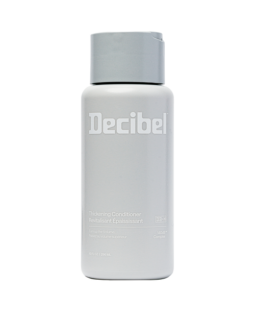 Decibel Thickening Conditioner in a 10 oz light grey bottle with flip cap.