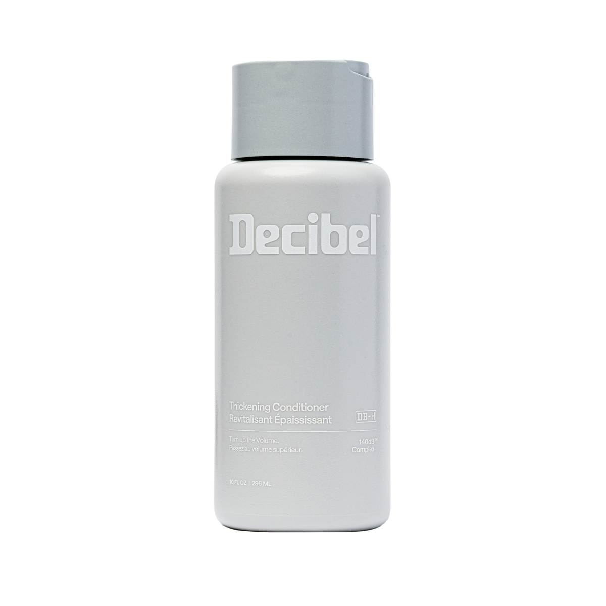 Decibel Thickening Conditioner in a 10 oz light grey bottle with flip cap.
