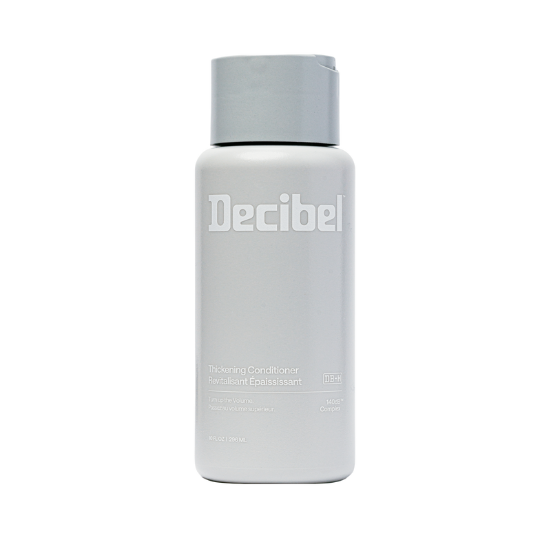 Decibel Thickening Conditioner in a 10 oz light grey bottle with flip cap.