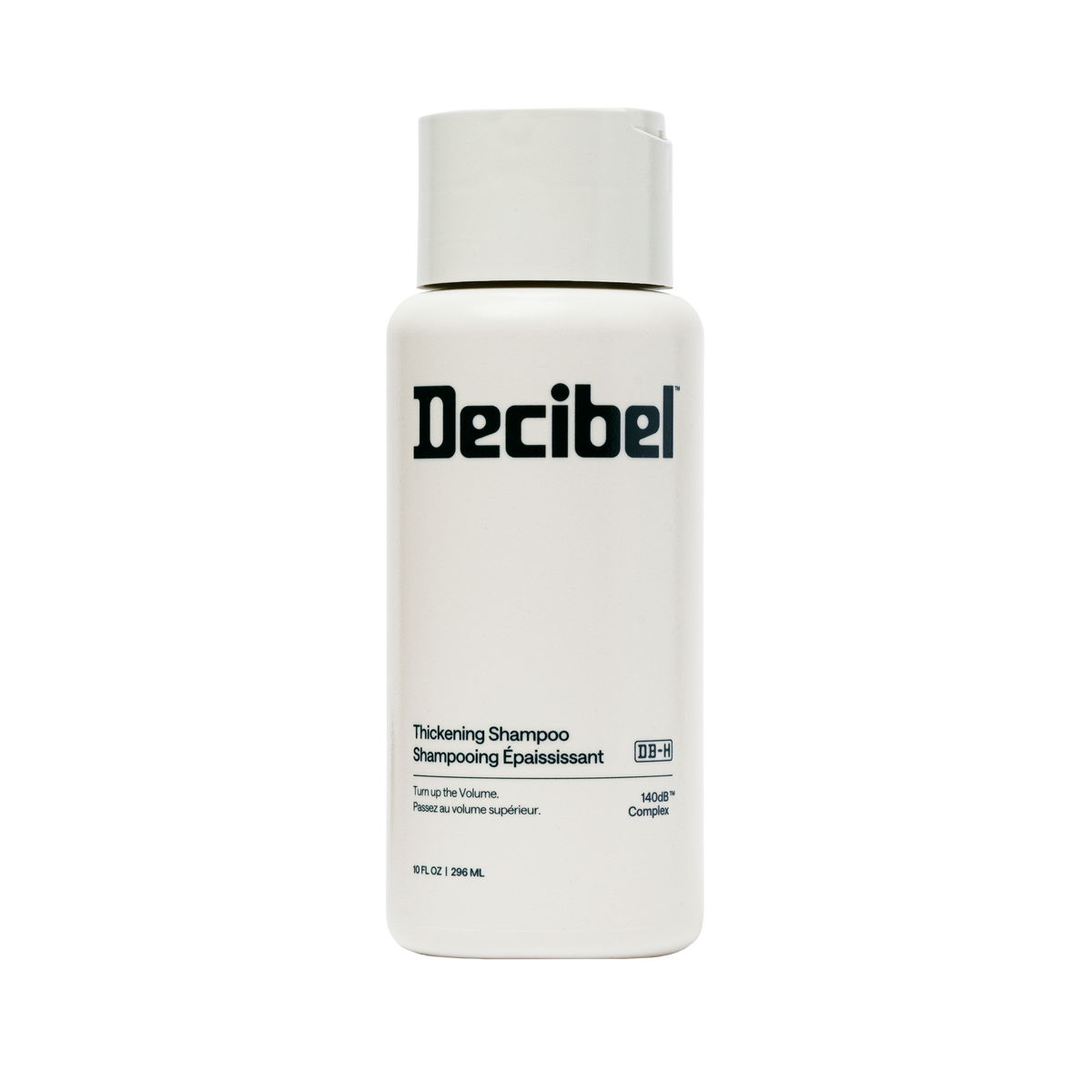 Decibel Thickening Shampoo bottle, 10 fl oz, with 140dB Complex on cream packaging.