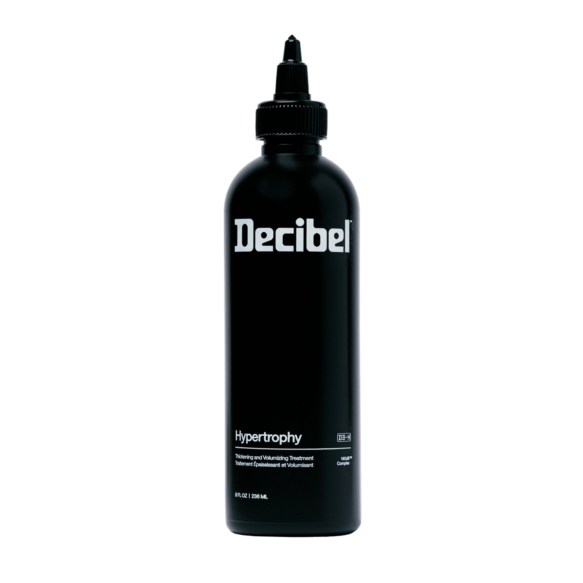 Decibel Hypertrophy thickening and volumizing treatment black bottle on a transparent background.