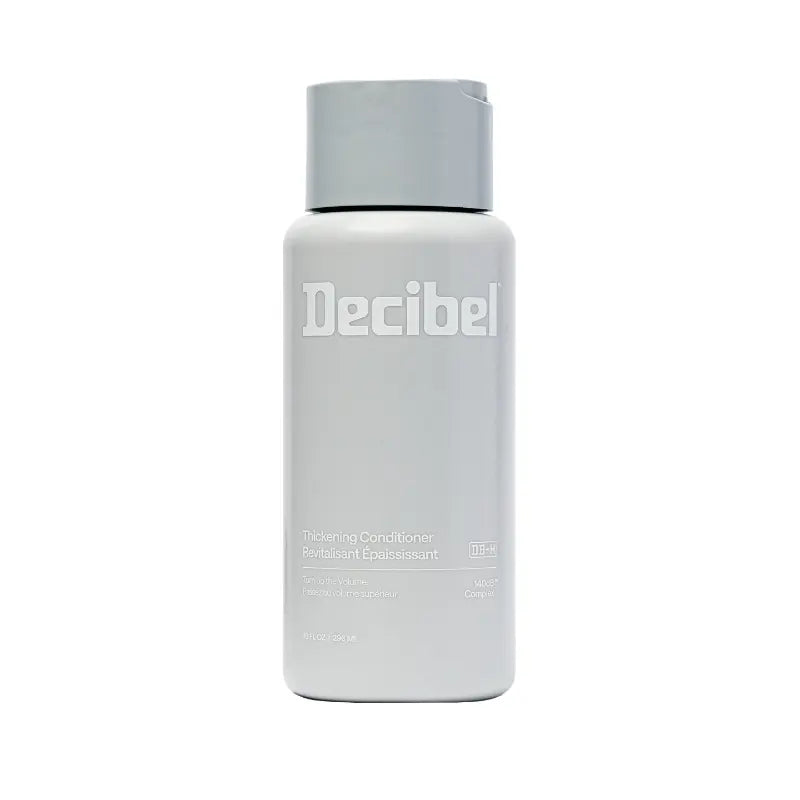 Decibel Thickening Conditioner gray bottle displayed on a white background.